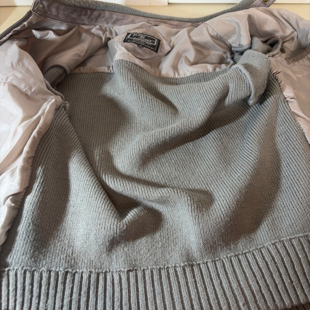 Vintage 80s Alvin Josef Suede Leather Knit Sleeve Bomber Jacket Gray Medium M - Picture 8 of 10